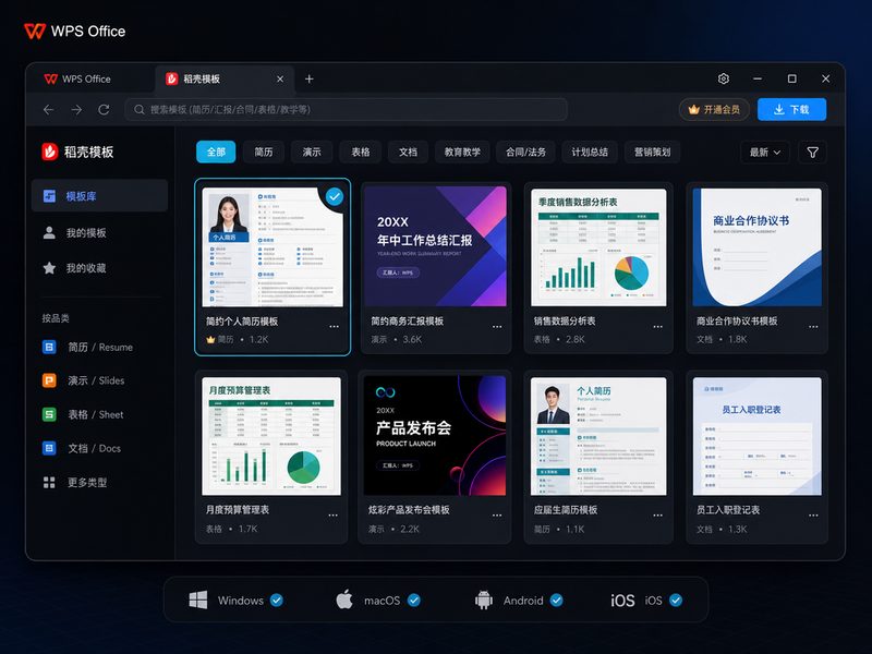 WPS稻壳儿海量模板分类网格展示